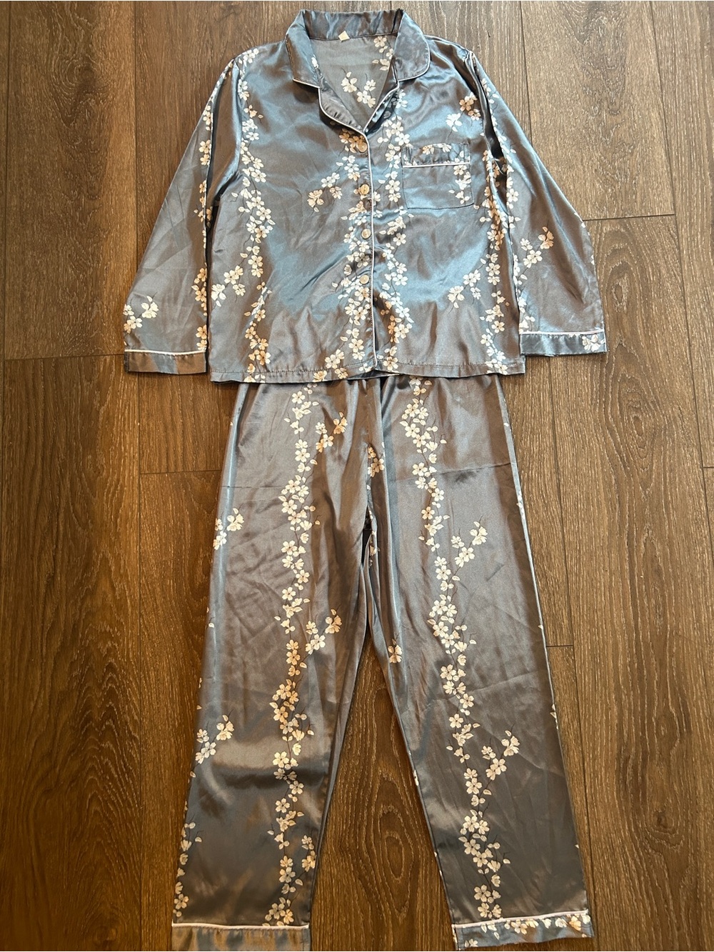 Satin Floral Pajama Set — Gray with White Blossom Print